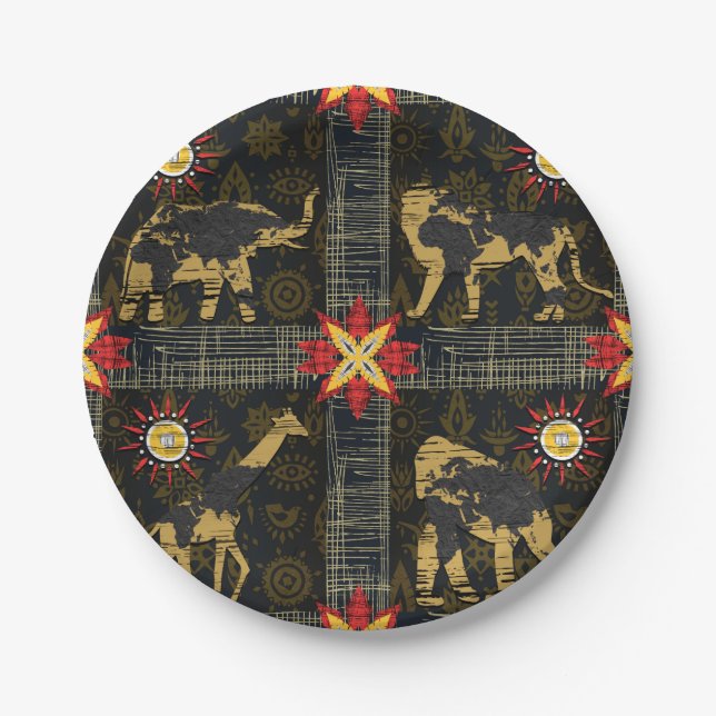 Gold Blue Red Safari World Map African Animals Paper Plate (Front)