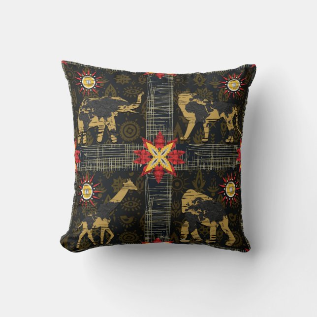 Gold Blue Red Safari World Map African Animals Throw Pillow (Front)