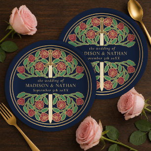 Gold Blue Royal Medieval Floral Sword Wedding Paper Plate