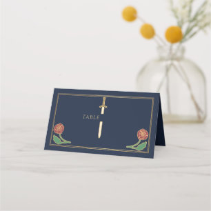 Gold Blue Royal Medieval Floral Sword Wedding Place Card