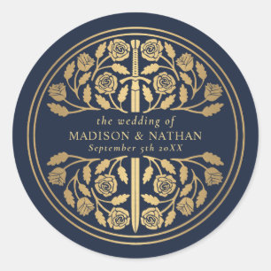 Gold Blue Royal Medieval Sword Wedding  Classic Round Sticker