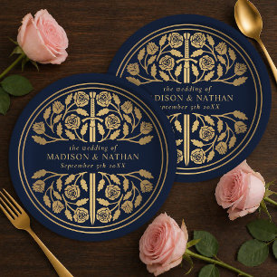 Gold Blue Royal Medieval Sword Wedding  Paper Plate