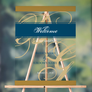 Gold Blue Script Monogram Wedding Welcome Sign