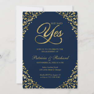 Gold Blue She Said Yes Engagement Party Invitation