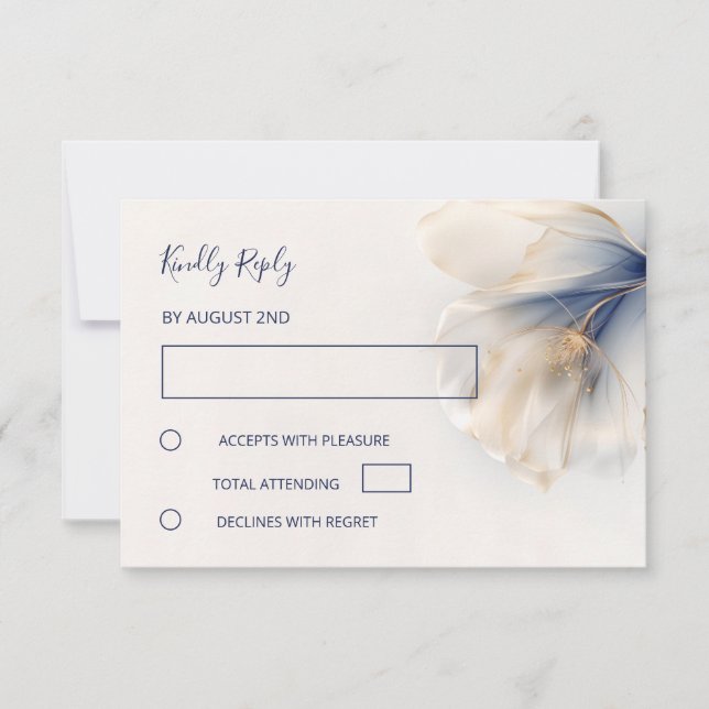 Gold Blue Smokey Flower Wedding RSVP Card (Front)