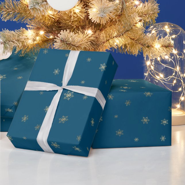 Gold Blue Snowflakes Wrapping Paper (Holidays)