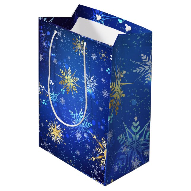 Gold Blue Snowflakes Xmas Christmas Medium Gift Bag (Back Angled)