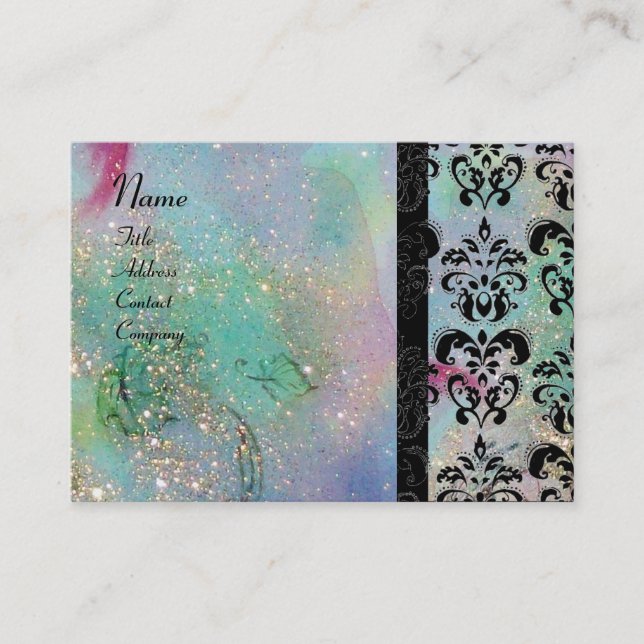 GOLD BLUE SPARKLING DAMASK MONOGRAM ,green fuchsia Business Card (Front)