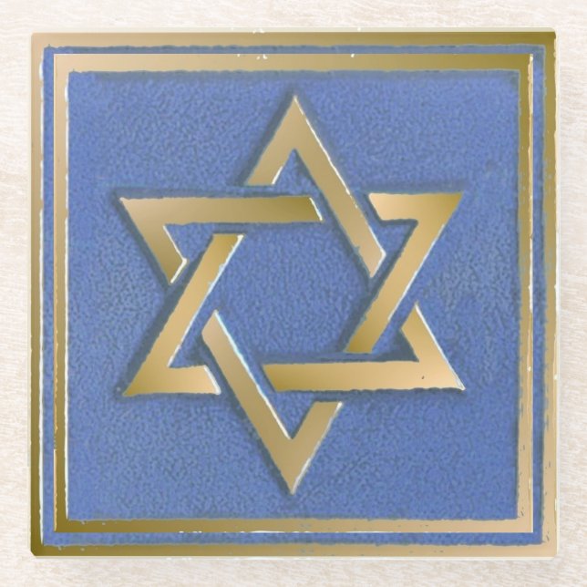 Gold Blue Star of David Art Panel Glass Coaster (Front)