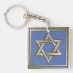 Gold Blue Star of David Art Panel  Keychain