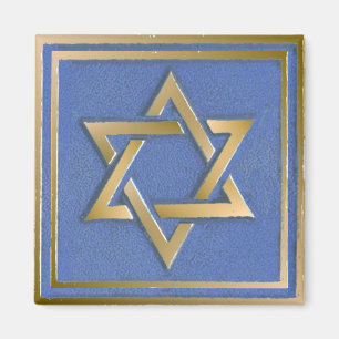 Gold Blue Star of David Art Panel  Magnet
