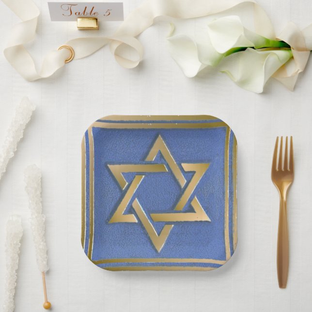Gold Blue Star of David Art Panel Paper Plate (Wedding)