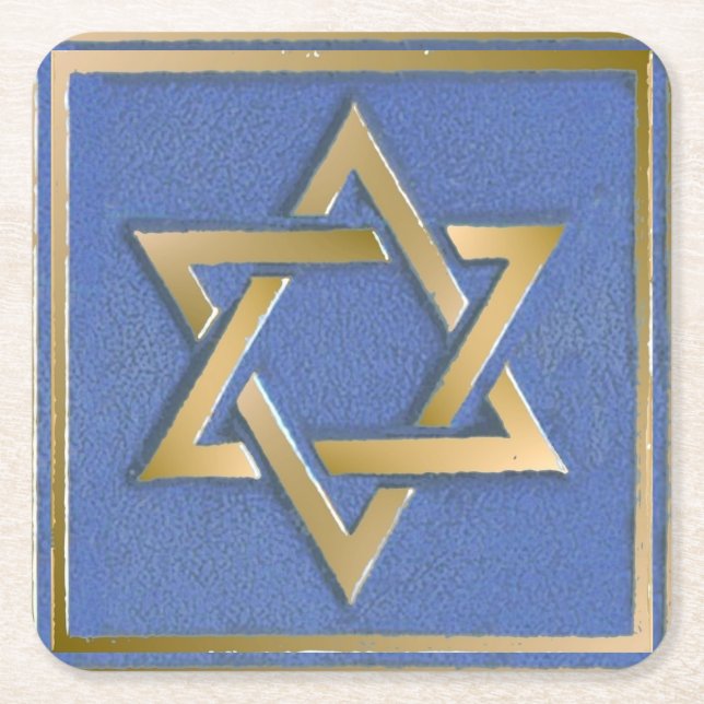 Gold Blue Star of David Art Panel Square Paper Coaster (Front)