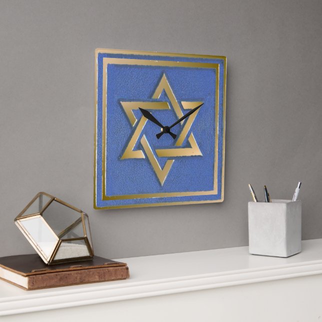 Gold Blue Star of David Art Panel  Square Wall Clock (Office)