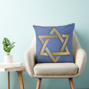 Gold Blue Star of David Art Panel Throw Pillow