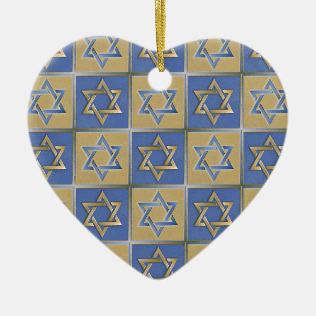 Gold Blue Star of David Art Panels Ceramic Ornament (Front)