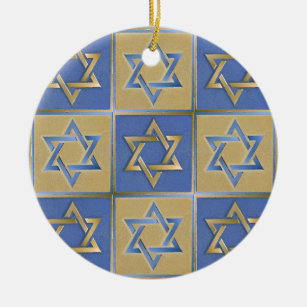 Gold Blue Star of David Art Panels Ceramic Ornament