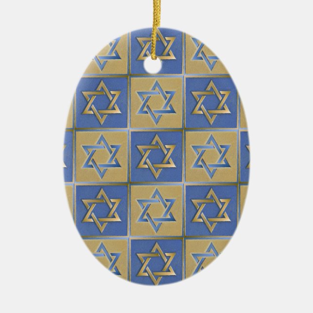 Gold Blue Star of David Art Panels Ceramic Ornament (Front)