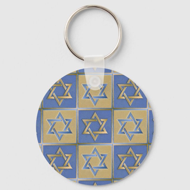 Gold Blue Star of David Art Panels Keychain (Front)