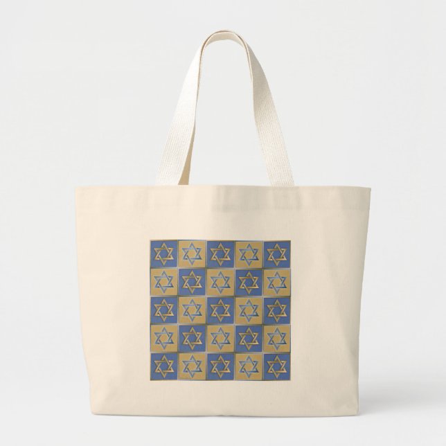 Gold Blue Star of David Art Panels Large Tote Bag (Front)