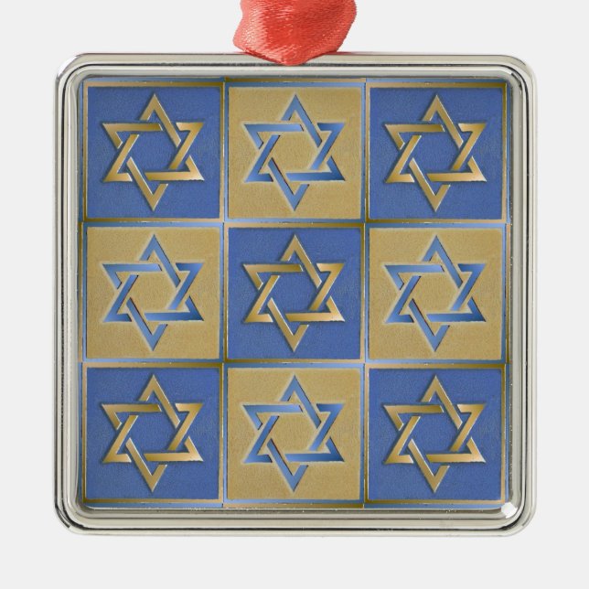 Gold Blue Star of David Art Panels Metal Ornament (Front)