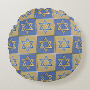 Gold Blue Star of David Art Panels Round Pillow