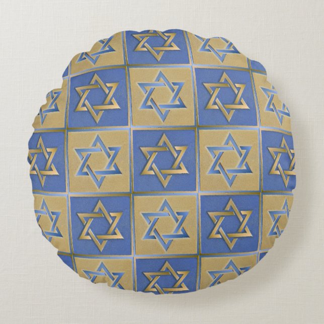 Gold Blue Star of David Art Panels Round Pillow (Front)