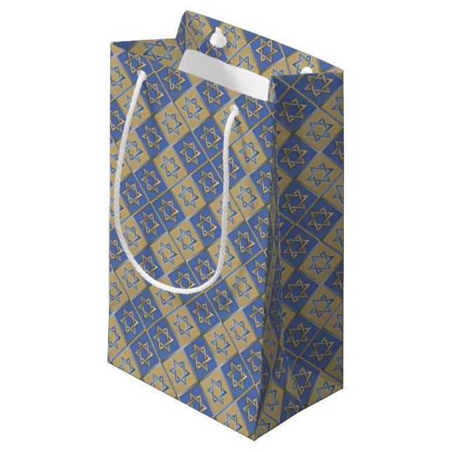 Gold Blue Star of David Art Panels Small Gift Bag (Front Angled)
