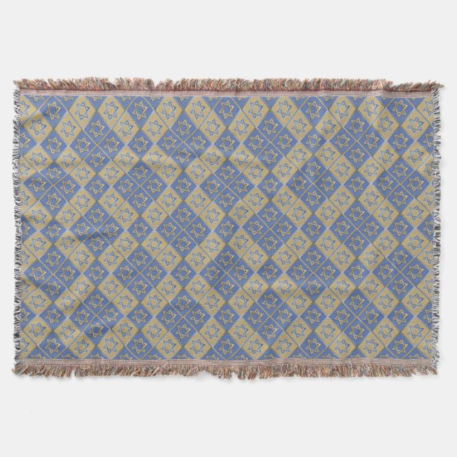 Gold Blue Star of David Art Panels Throw Blanket (Front)