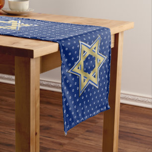 Gold Blue Star of David Widthwise White Extra Long Table Runner