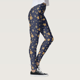 Gold Blue Star whimsical Modern Elegant Christmas Leggings