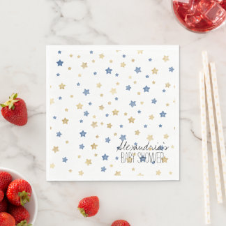Gold Blue Starlight Stars Personalized Baby Shower Napkin