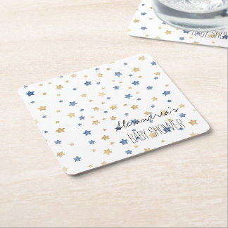 Gold Blue Starlight Stars Personalized Baby Shower Square Paper Coaster