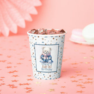 Gold Blue Stars Teddy Bear Beary First Birthday Paper Cups