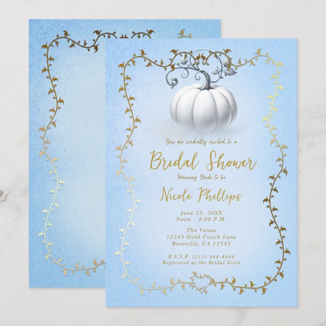 Gold Blue Storybook White Pumpkin Bridal Shower Invitation (Front/Back)