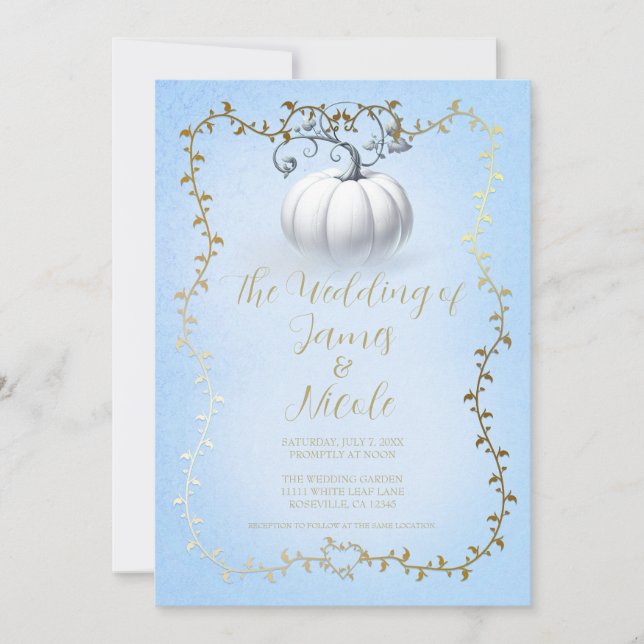 Gold Blue Storybook White Pumpkin Wedding Invitation (Front)
