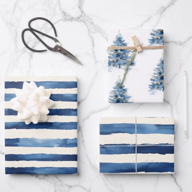 Gold Blue Stripes Christmas Tree Wrapping Paper Sheet (Front)