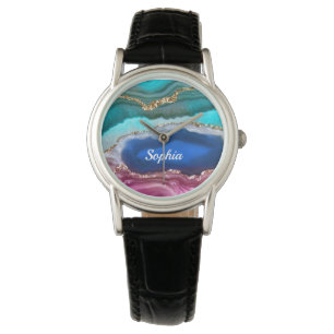 Gold Blue & Teal Agate, Name, or Your Art/Photo Watch