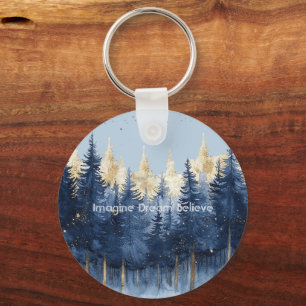 Gold Blue Trees Imagine Dream Believe Keychain