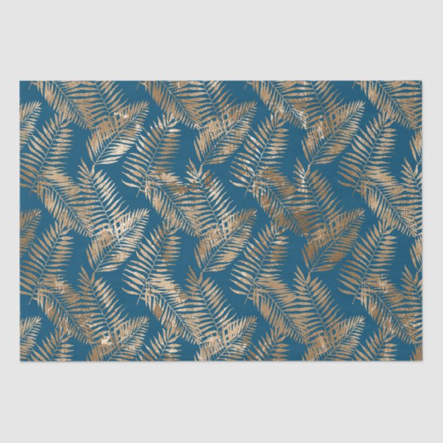 Gold Blue Tropical Leaves Tissue Paper (Front)