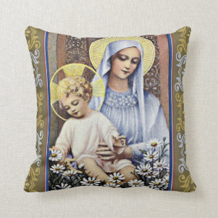 Gold/Blue Virgin holding Baby Jesus with border Throw Pillow