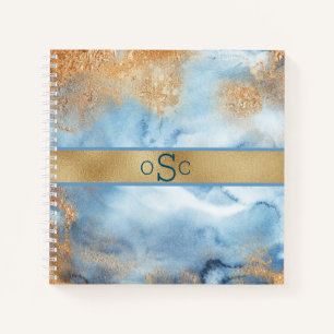 Gold Blue Watercolor Abstract Monogram Sketch Notebook