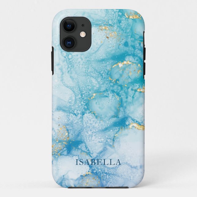 Gold Blue Watercolor Personalize Case-Mate iPhone Case (Back)