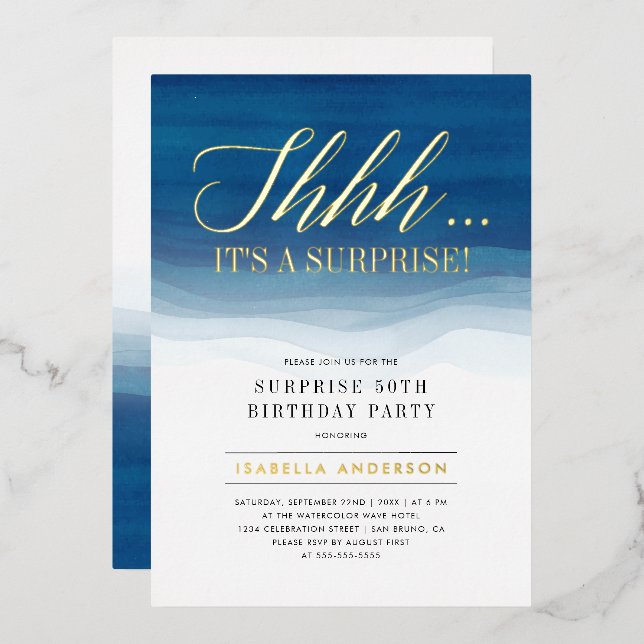 Gold & Blue Watercolor Surprise Birthday (Front/Back)