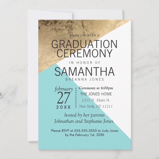 Gold Blue White Geo Triangles Graduation Ceremony Invitation (Front)