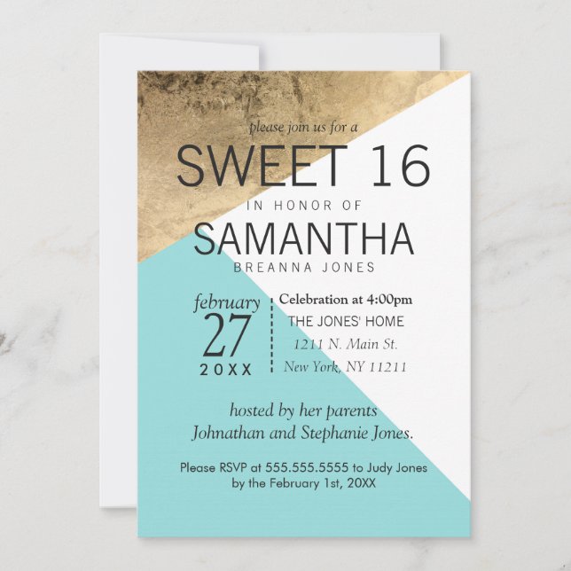 Gold Blue White Geo Triangles Sweet 16 Invitations (Front)