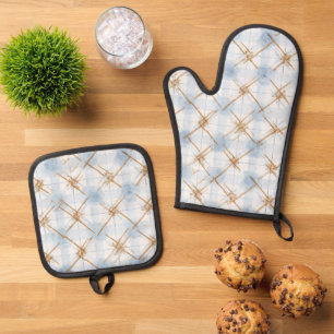 Gold Blue White Stripes Oven Mitt & Pot Holder Set