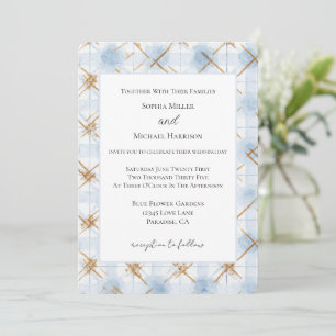 Gold Blue White Stripes Wedding Invitation