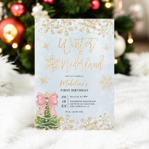 Gold blue Winter Wonderland First Birthday Party Invitation