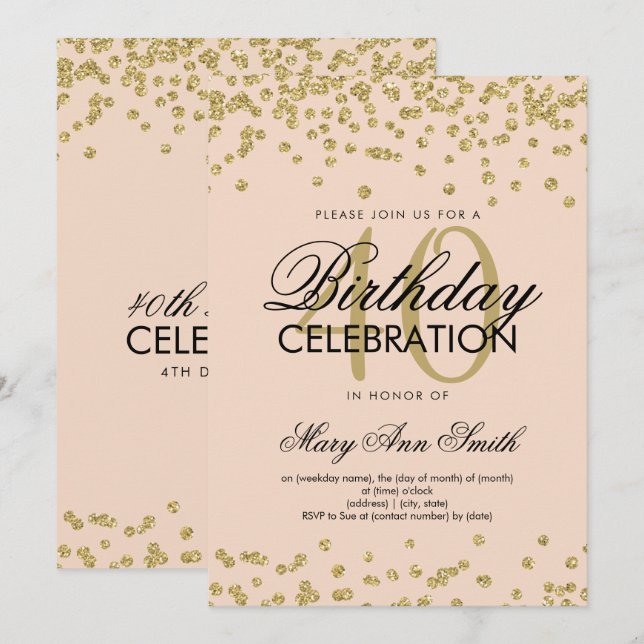 Gold Blush 40th Birthday Party Glitter Confetti Invitation (Front/Back)
